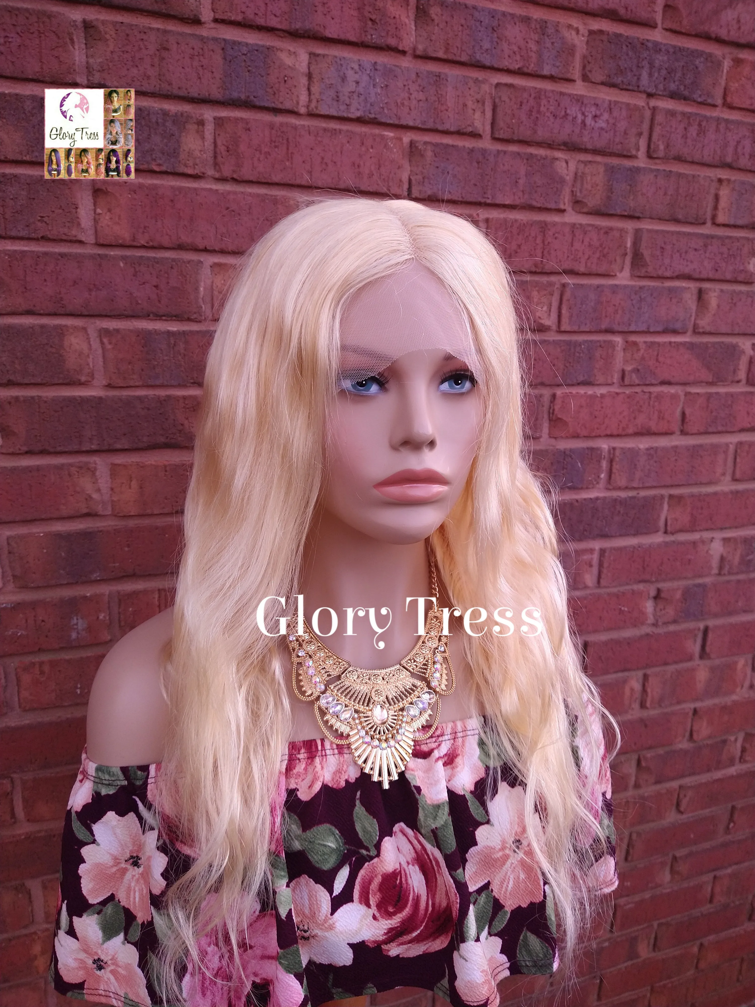 24" Wavy Blonde Lace Front Wig Human Hair Wig 100% Brazilian Remy Wig 613 Platinum Blonde Lace Part Wig - DIVINE