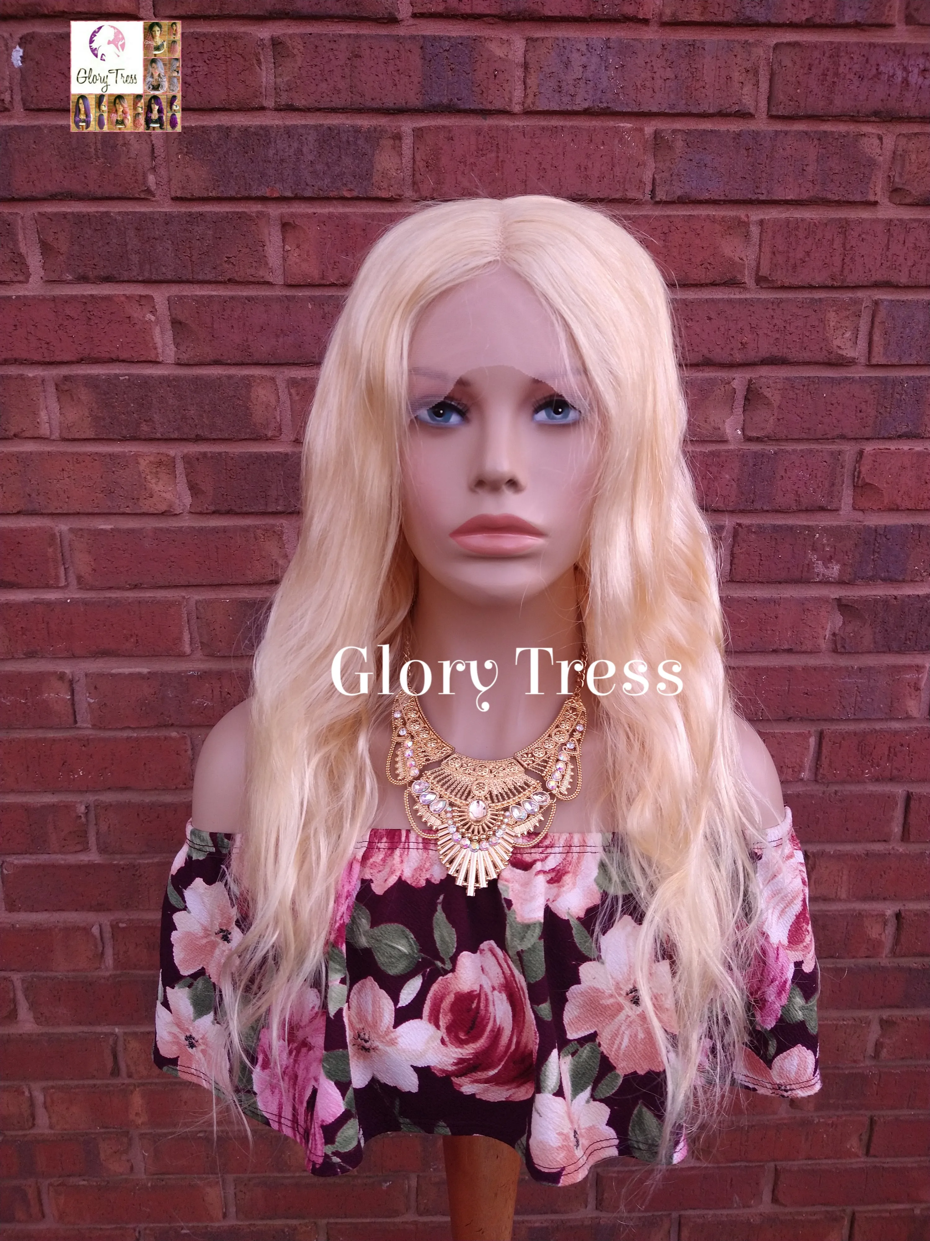 24" Wavy Blonde Lace Front Wig Human Hair Wig 100% Brazilian Remy Wig 613 Platinum Blonde Lace Part Wig - DIVINE