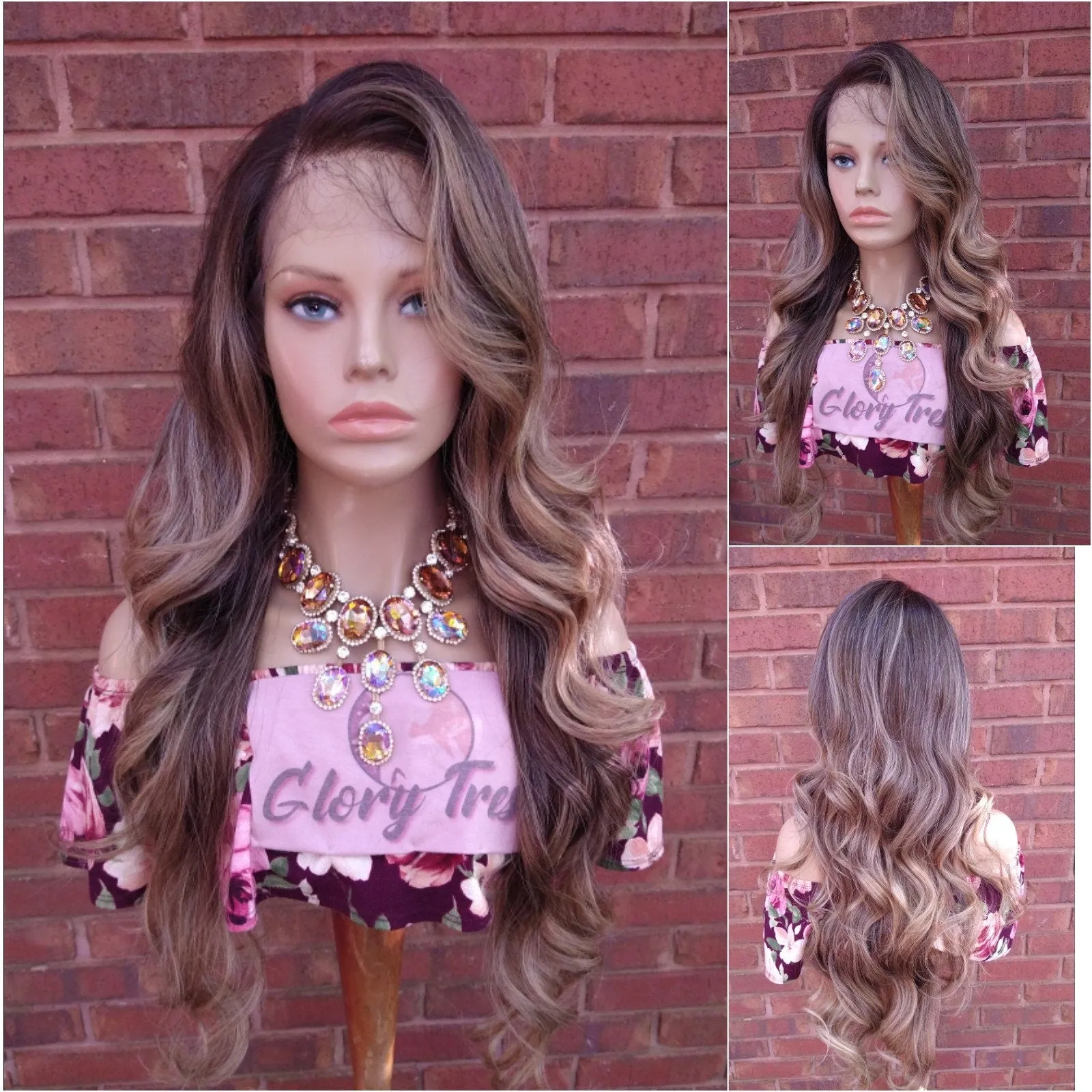 34" Wavy Lace Front Wig Pre-Plucked HD Lace Wig Human Hair Blend Brown Ash Blonde Wigs For White Women 13X4 Free Parting Glory Tress- LOVELY
