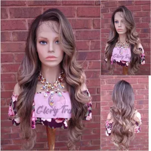 34" Wavy Lace Front Wig Pre-Plucked HD Lace Wig Human Hair Blend Brown Ash Blonde Wigs For White Women 13X4 Free Parting Glory Tress- LOVELY