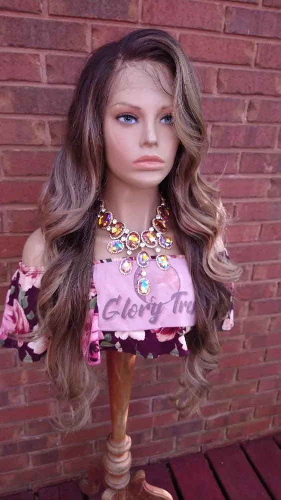 34" Wavy Lace Front Wig Pre-Plucked HD Lace Wig Human Hair Blend Brown Ash Blonde Wigs For White Women 13X4 Free Parting Glory Tress- LOVELY