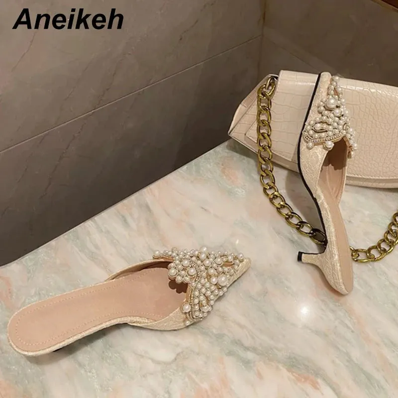 Aneikeh Spring/Autumn Fashion Sexy Women Shoes Elegant String Bead Crystal Patchwork Slip-On 35-42 Thin Heels Slipper NEW 2025