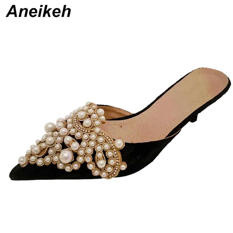 Aneikeh Spring/Autumn Fashion Sexy Women Shoes Elegant String Bead Crystal Patchwork Slip-On 35-42 Thin Heels Slipper NEW 2025