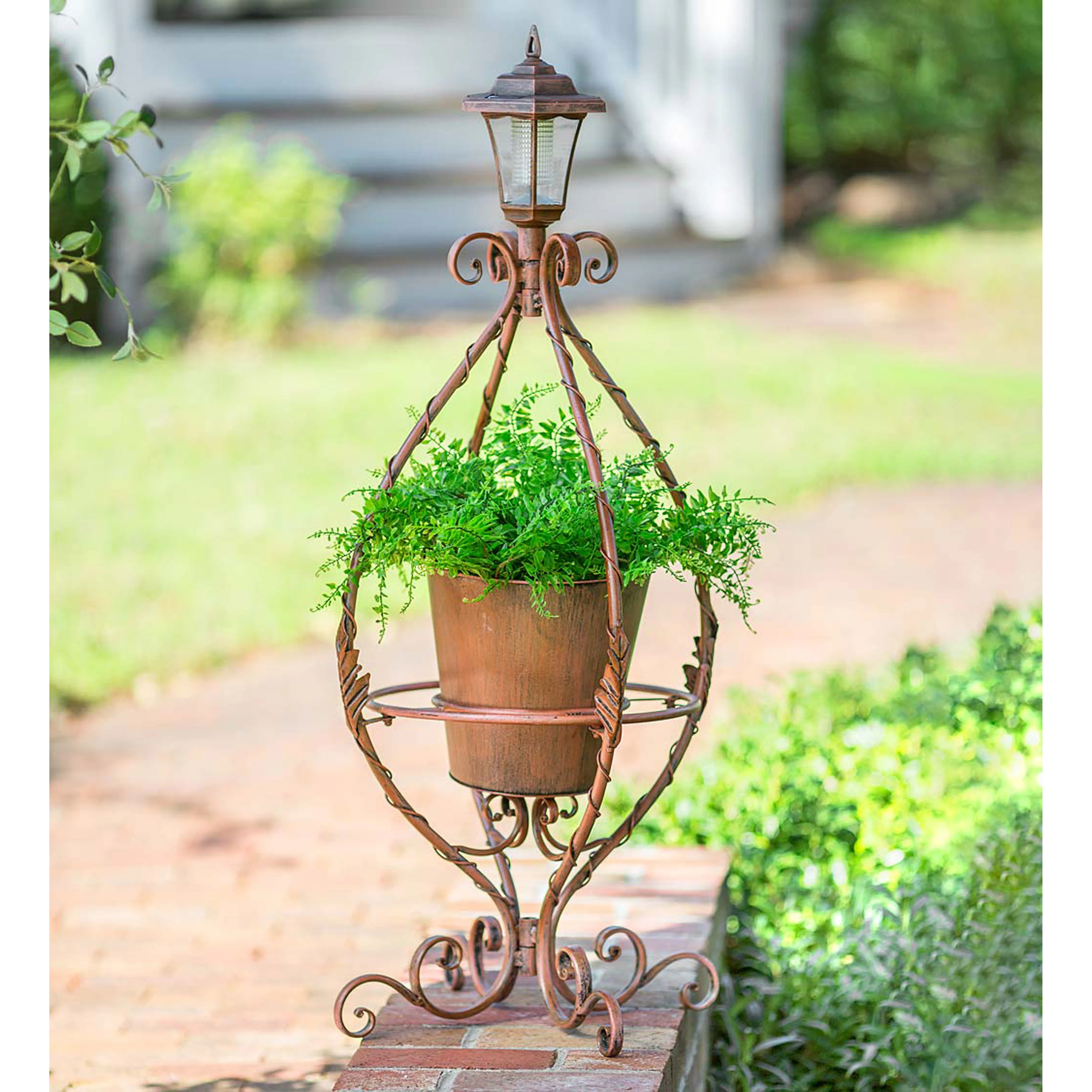Antiqued Wrought Iron Plant Stand with Solar Light,pl6879