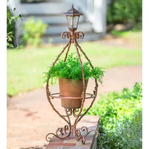 Antiqued Wrought Iron Plant Stand with Solar Light,pl6879