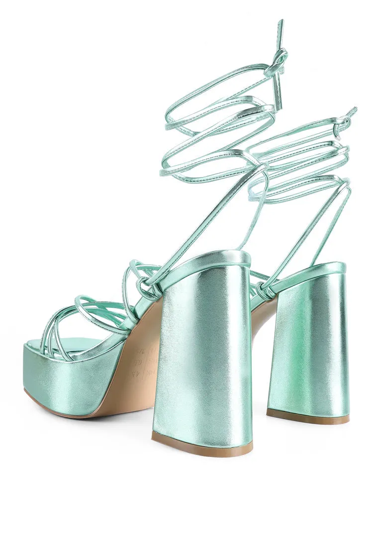 Anvil Metallic Block Heeled Lace Up Sandals