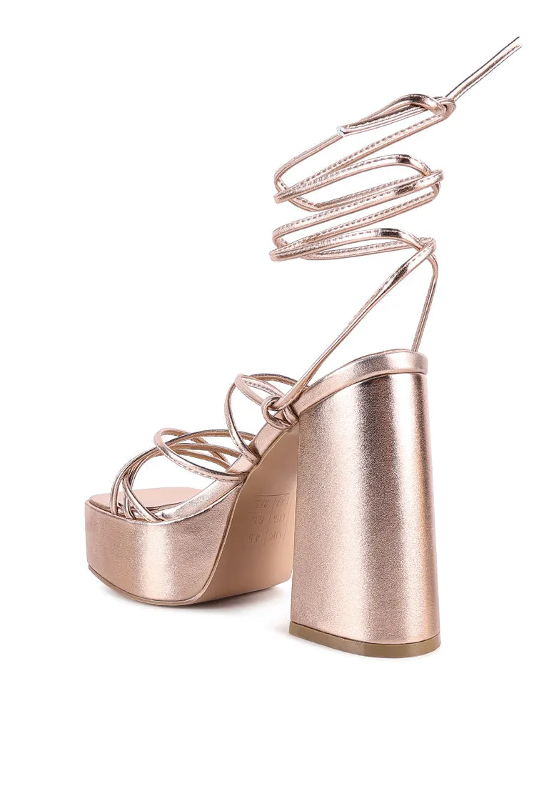 Anvil Metallic Block Heeled Lace Up Sandals