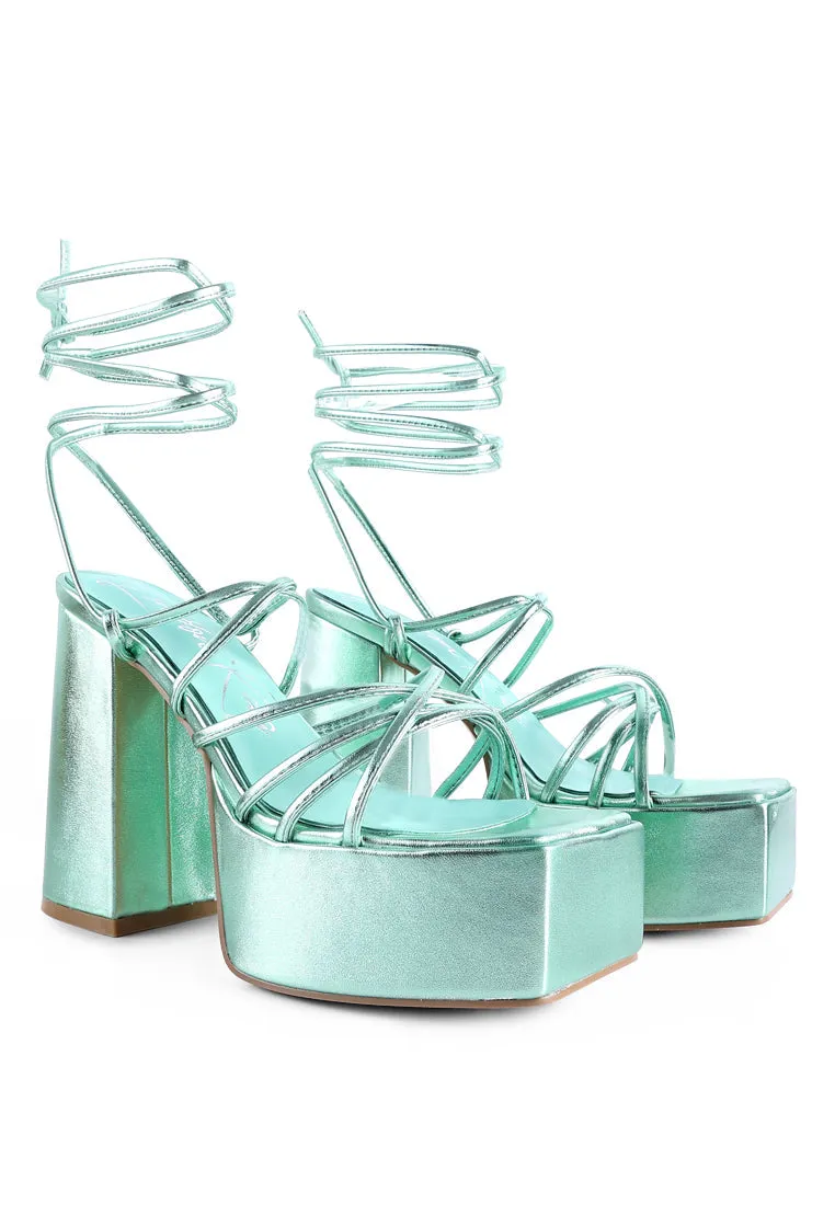 Anvil Metallic Block Heeled Lace Up Sandals