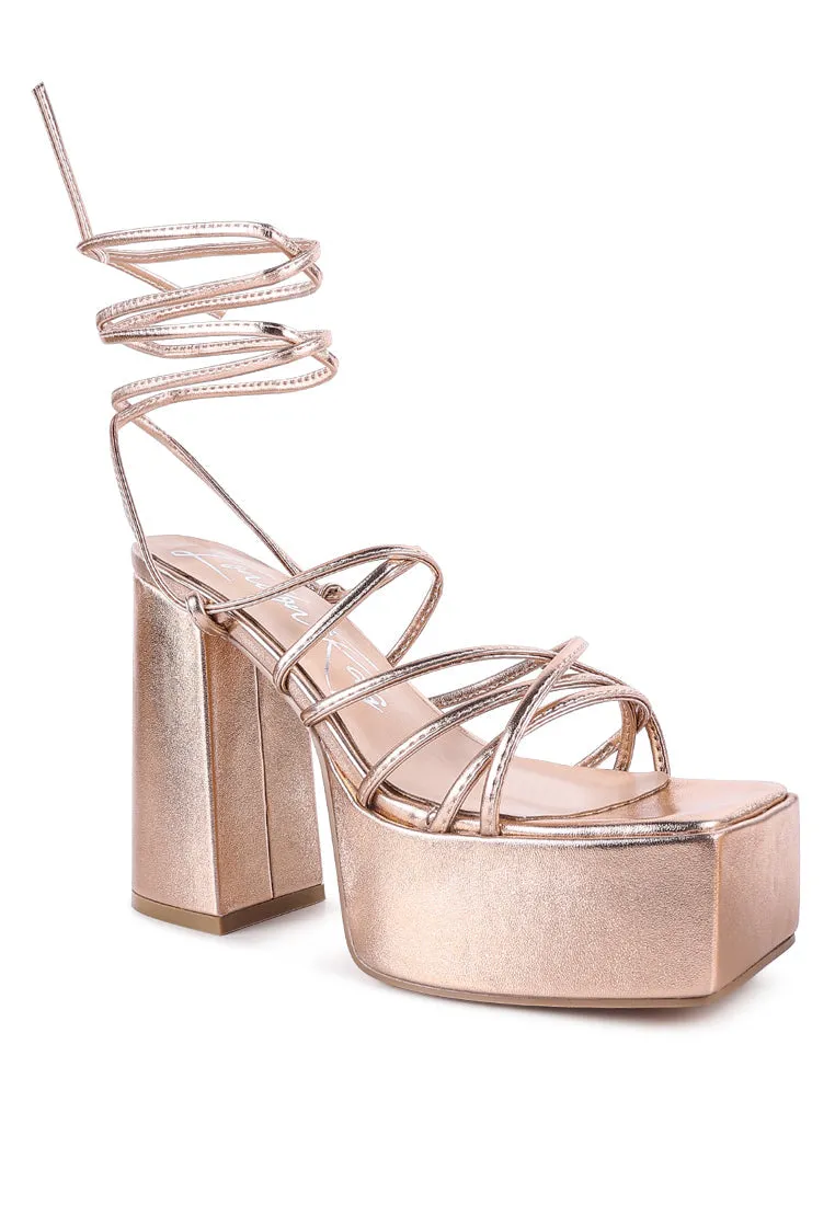 Anvil Metallic Block Heeled Lace Up Sandals