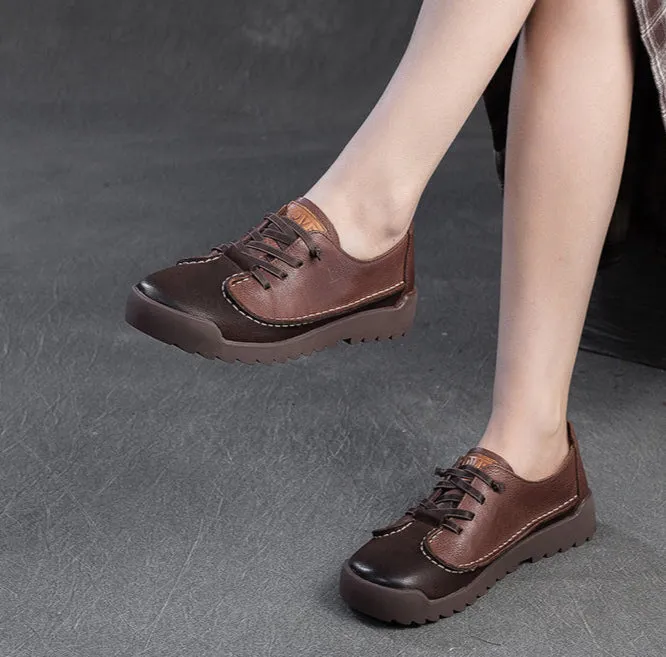 Babakud Women Spring Vintage Leather Lace-Up Flats