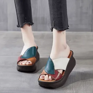 Babakud Women Summer Vintage Colorblock Leather Platform Wedge Mules