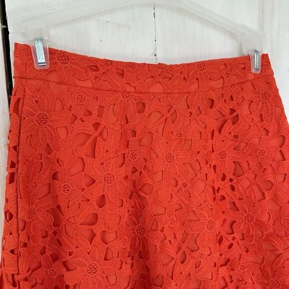 Banana Republic A-Line Lace Cutout Midi Skirt Fully Lined‎ Romantic Coral Orange