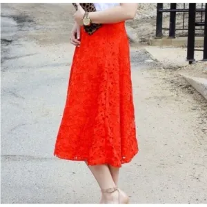 Banana Republic A-Line Lace Cutout Midi Skirt Fully Lined‎ Romantic Coral Orange