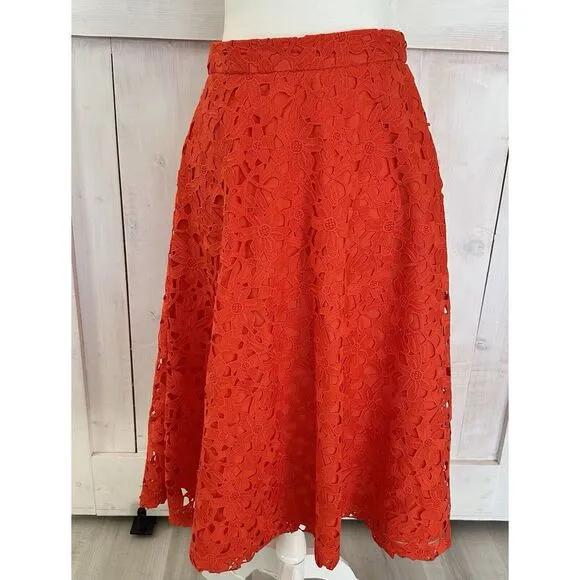 Banana Republic A-Line Lace Cutout Midi Skirt Fully Lined‎ Romantic Coral Orange