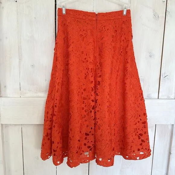 Banana Republic A-Line Lace Cutout Midi Skirt Fully Lined‎ Romantic Coral Orange