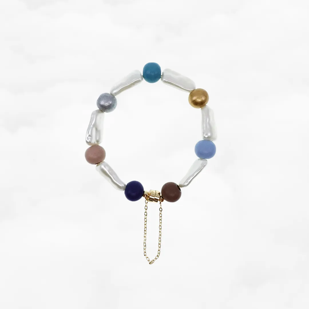 Beaded Wood and Baroque Pearl Bracelet