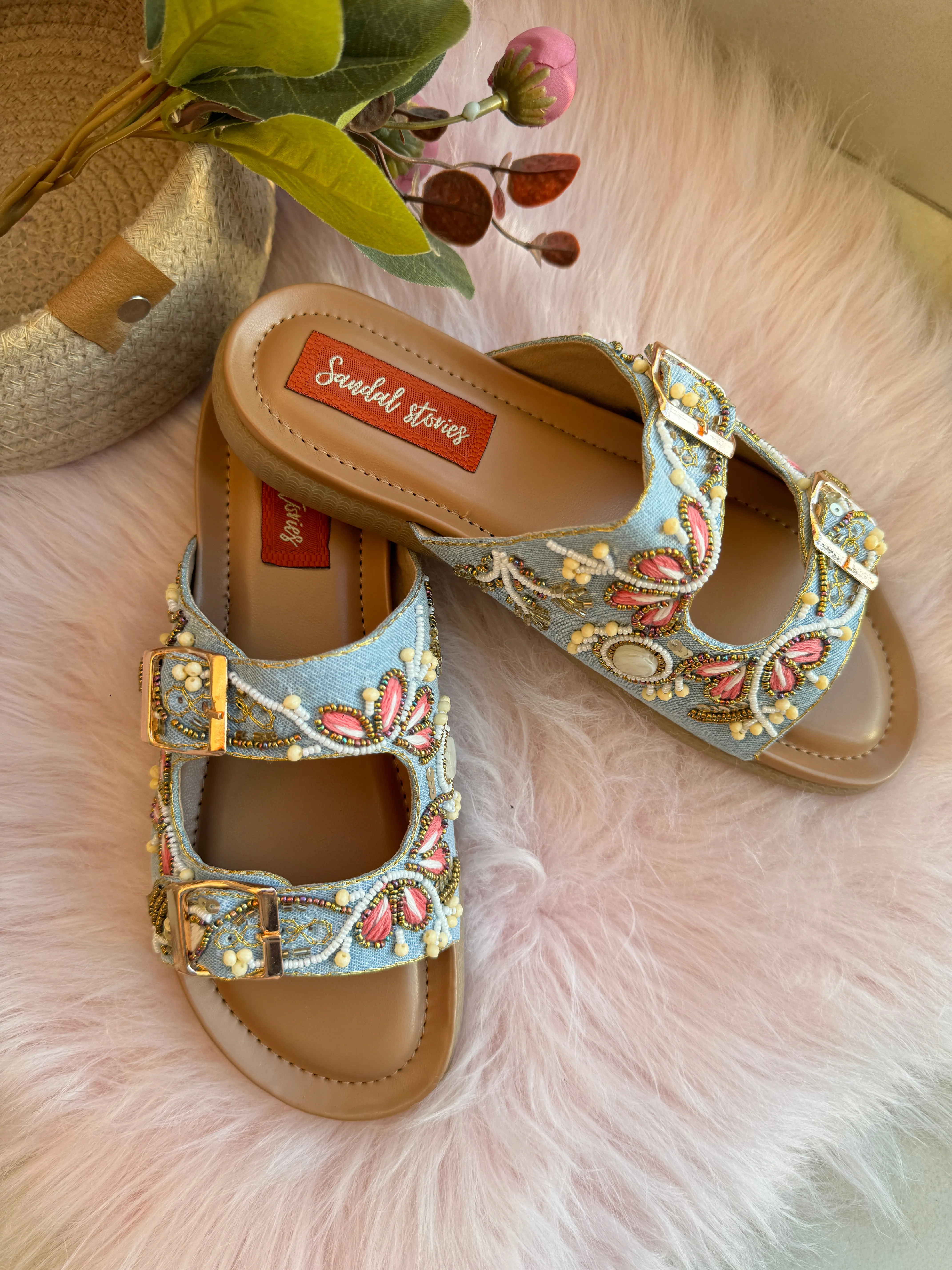 Blush Bloom Denim Sandals with Doctor Sole