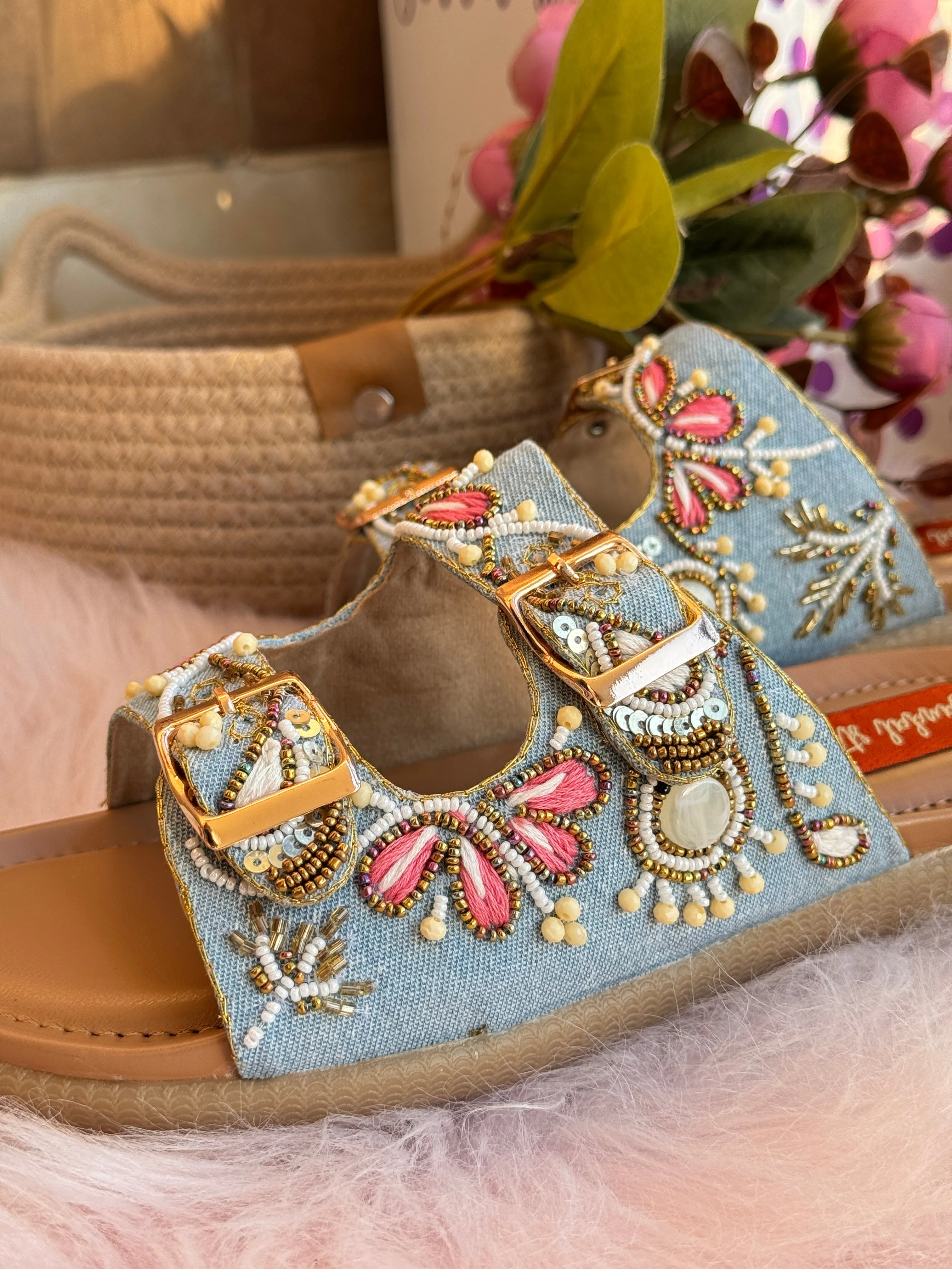 Blush Bloom Denim Sandals with Doctor Sole
