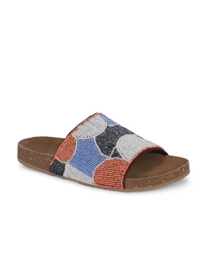 CARLO ROMANO BY WASAN MULTI COLOR EMBROIDERY FASHIONABLE LEATHER SLIPPER  FOR WOMEN