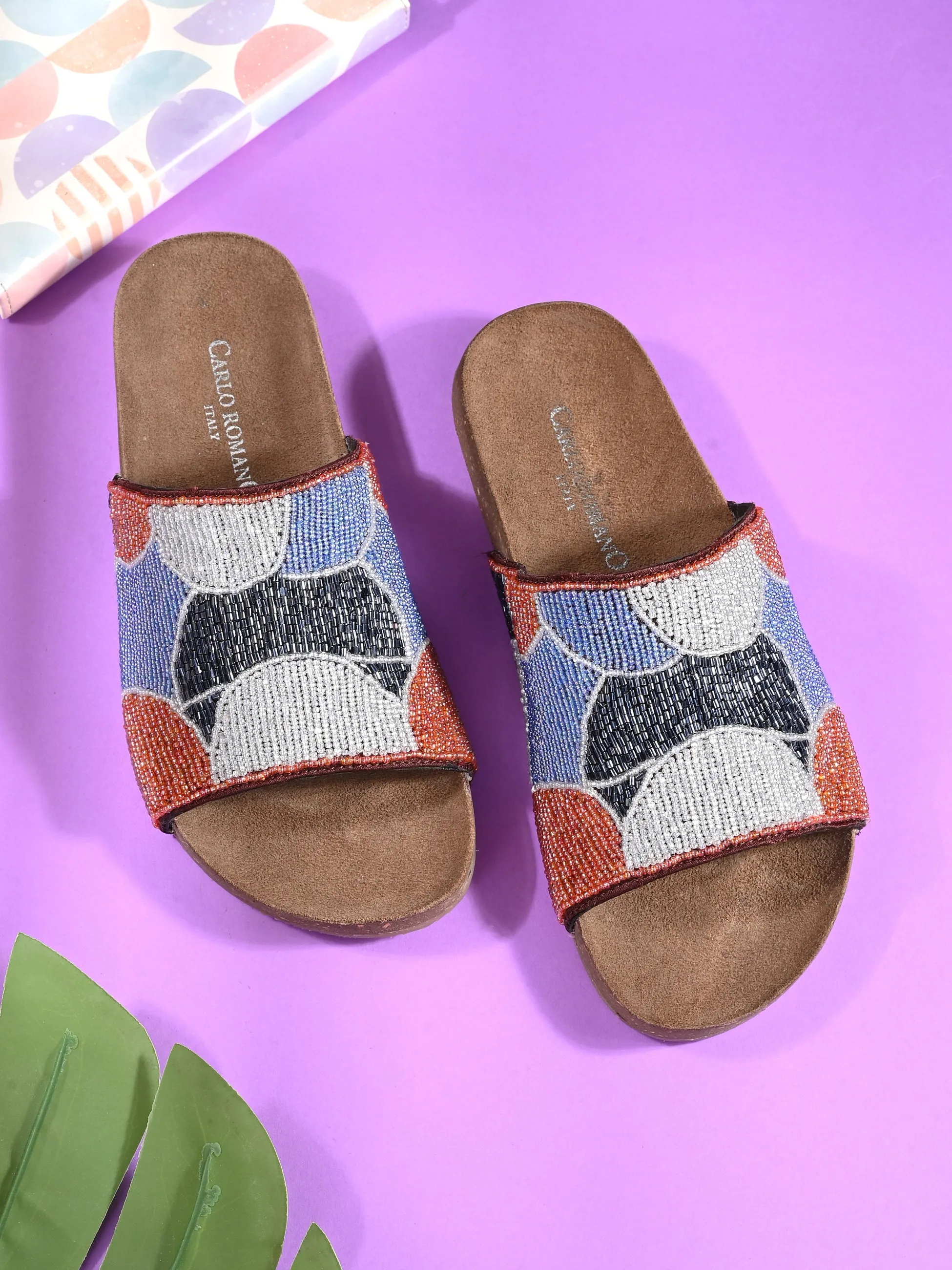 CARLO ROMANO BY WASAN MULTI COLOR EMBROIDERY FASHIONABLE LEATHER SLIPPER  FOR WOMEN