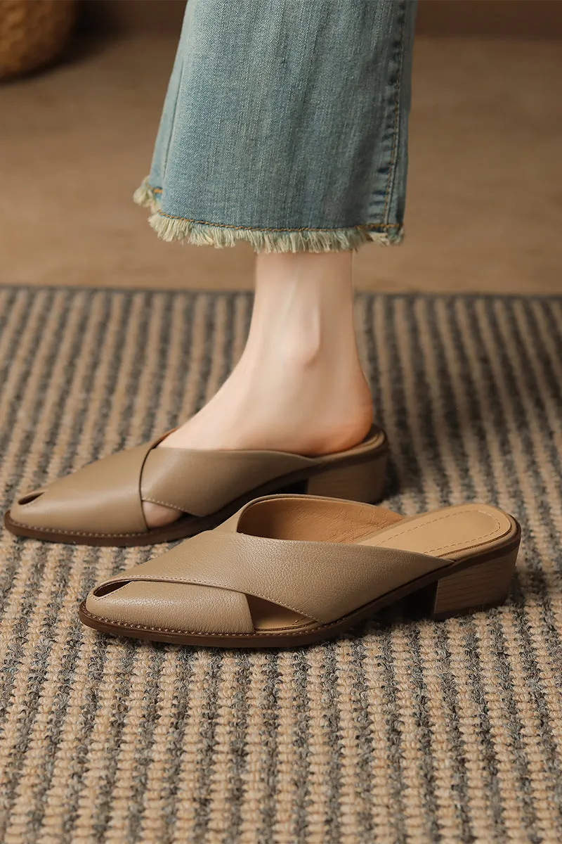 Chunky Heel Mid Heel Hollow-out High-grade Sense Closed-toe Slippers