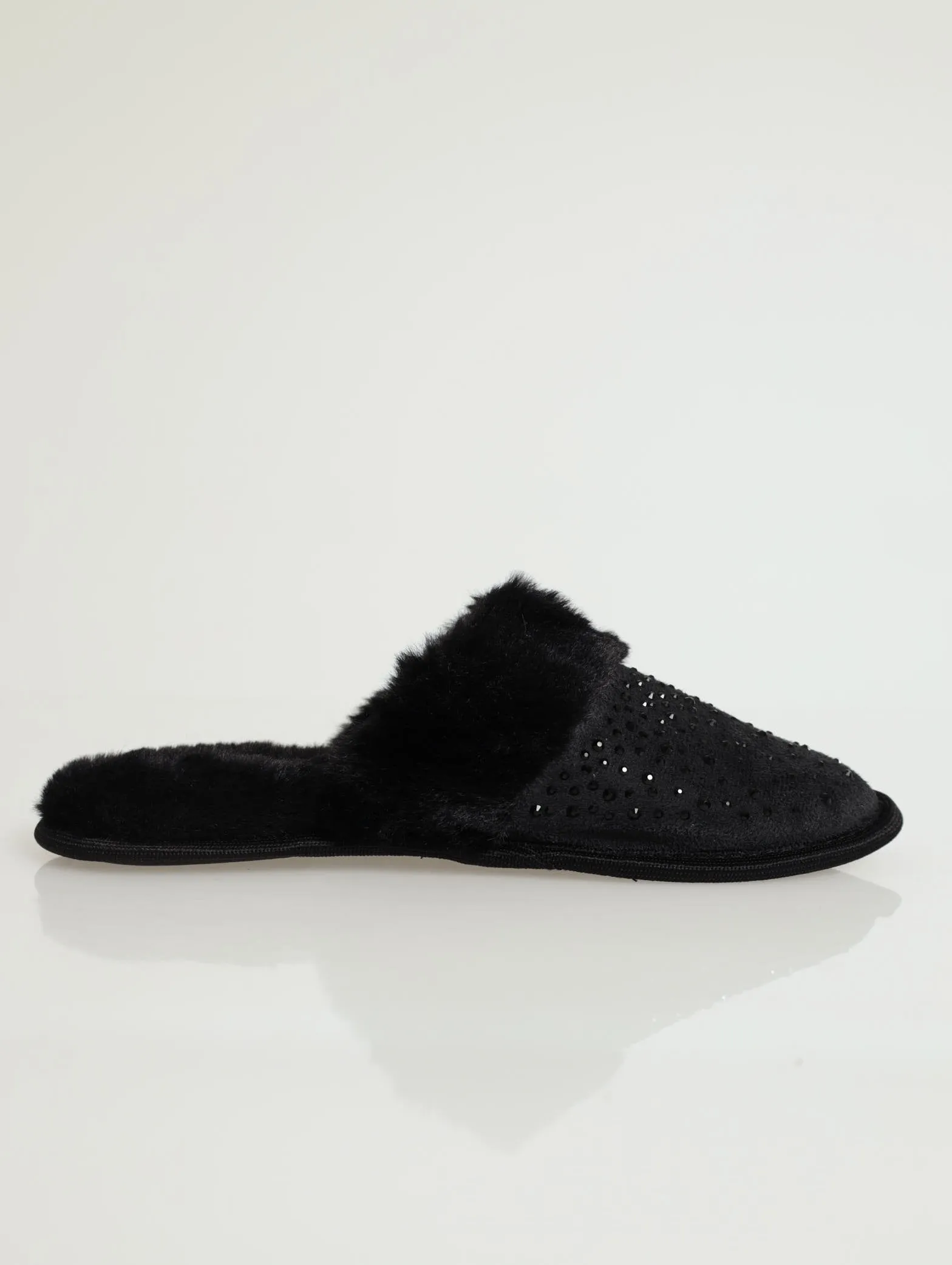 Closed Toe Full Embellished Slipper With Fur - Black