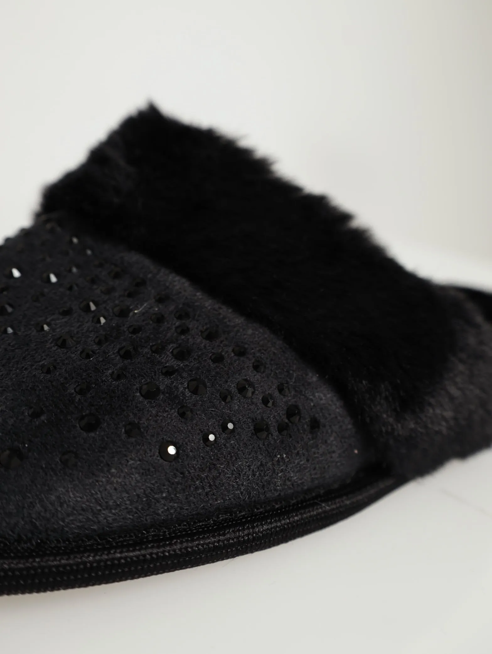 Closed Toe Full Embellished Slipper With Fur - Black