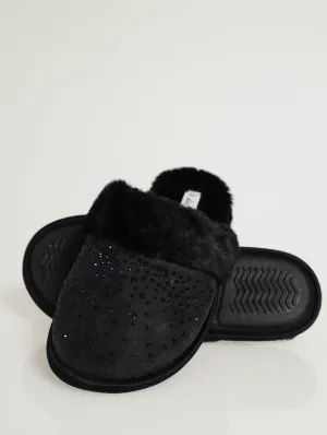 Closed Toe Full Embellished Slipper With Fur - Black