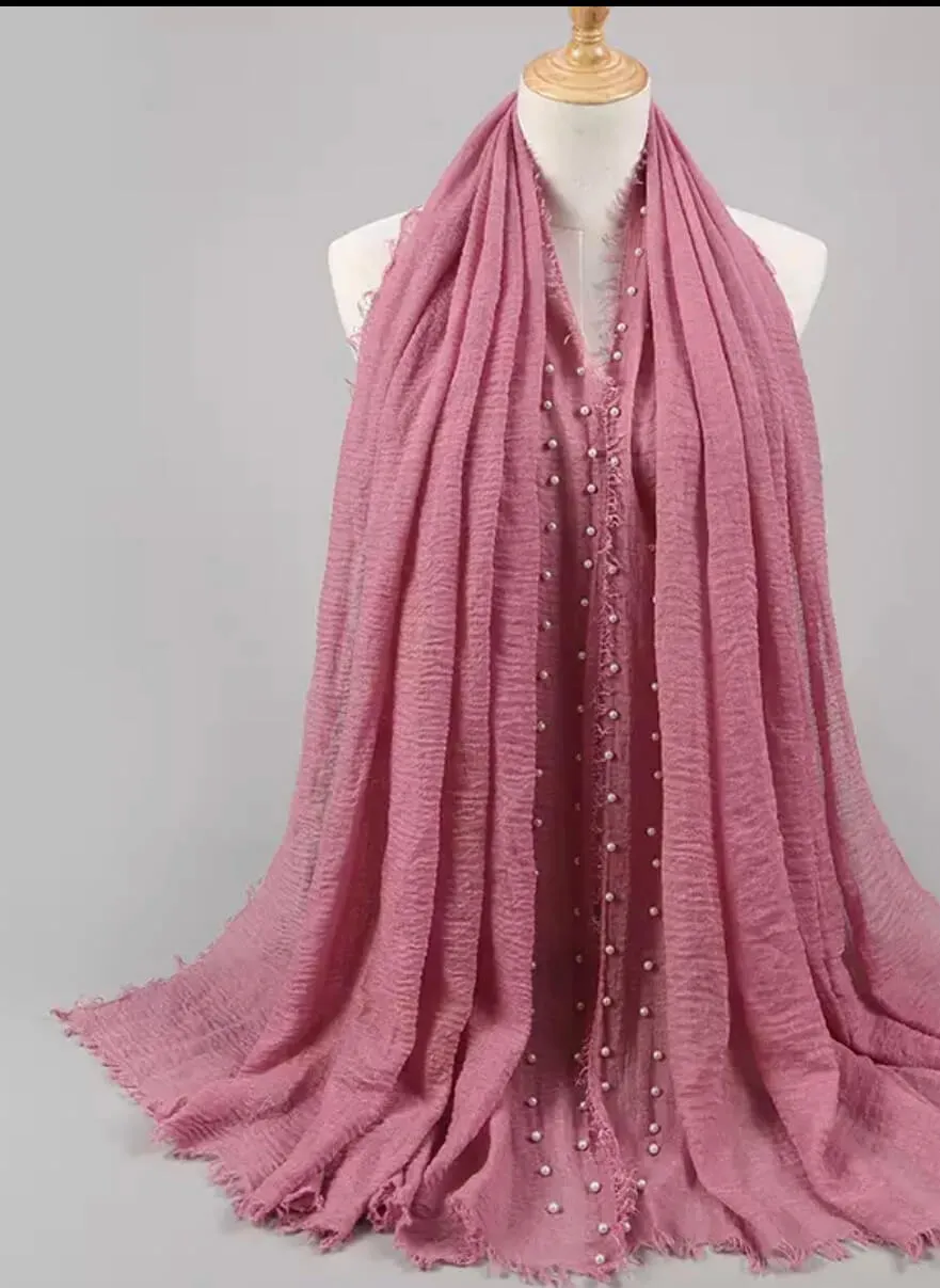 Crinkle Cotton Hijab with Pearl- Rose