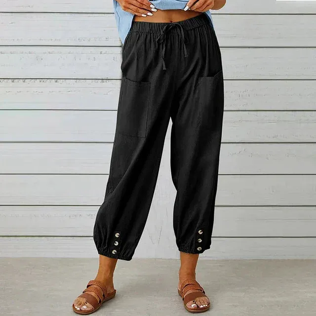 Cropped Drawstring Pants | Buttoned Cuffs | Lightweight and Casual