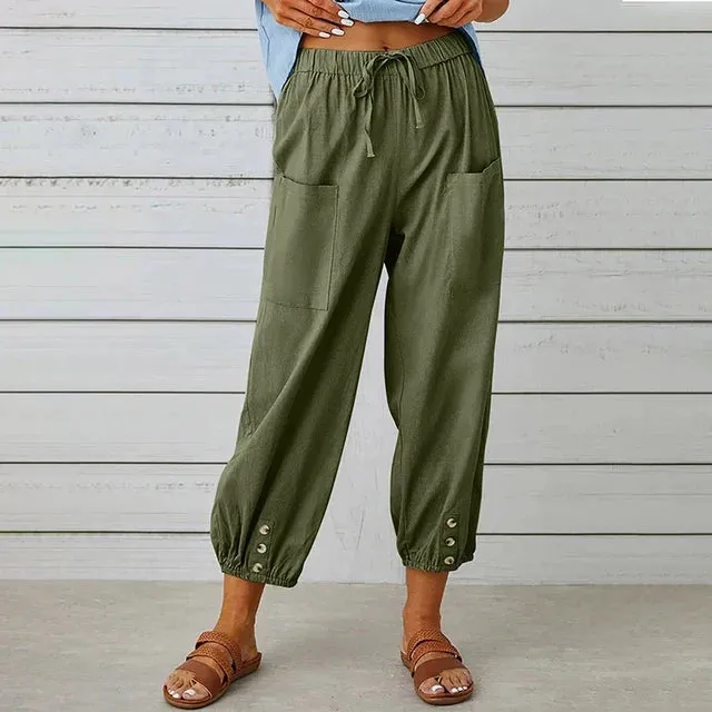 Cropped Drawstring Pants | Buttoned Cuffs | Lightweight and Casual