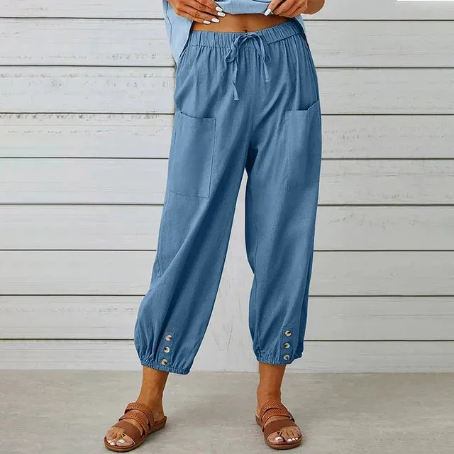 Cropped Drawstring Pants | Buttoned Cuffs | Lightweight and Casual