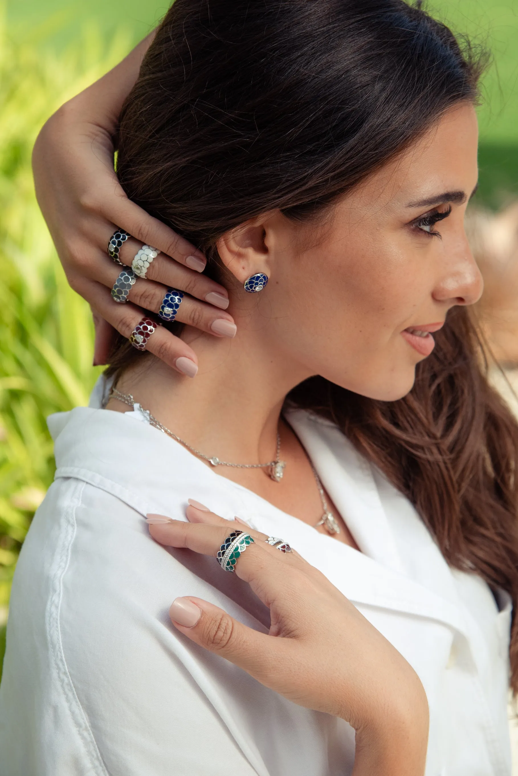 Design Enamel Earrings with Round Diamonds