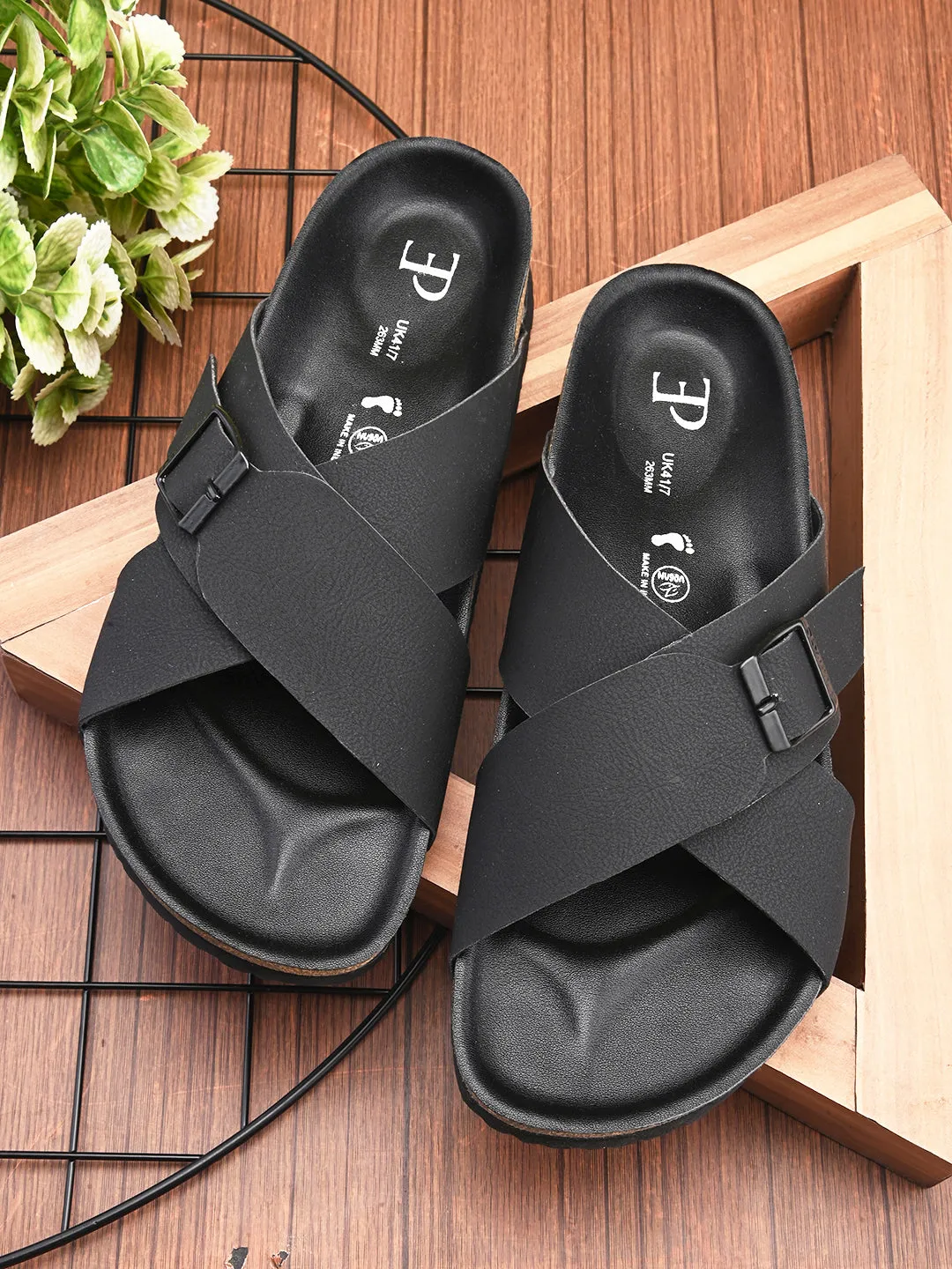 Elegant Ebony Leather Slip-On Sandal For Men