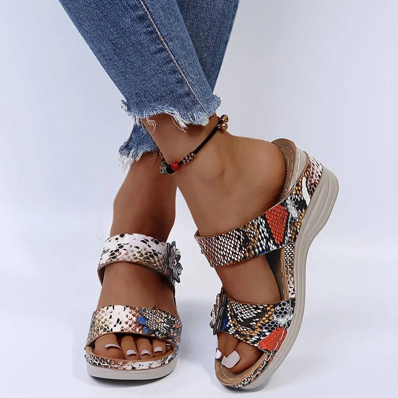 Fanyil Women's Casual Slope Heel Snake Print Slippers