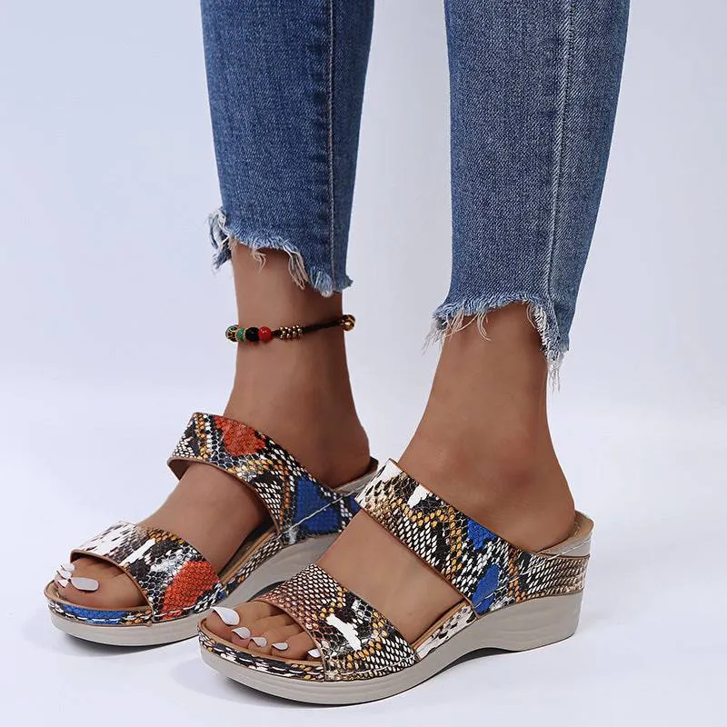 Fanyil Women's Casual Slope Heel Snake Print Slippers