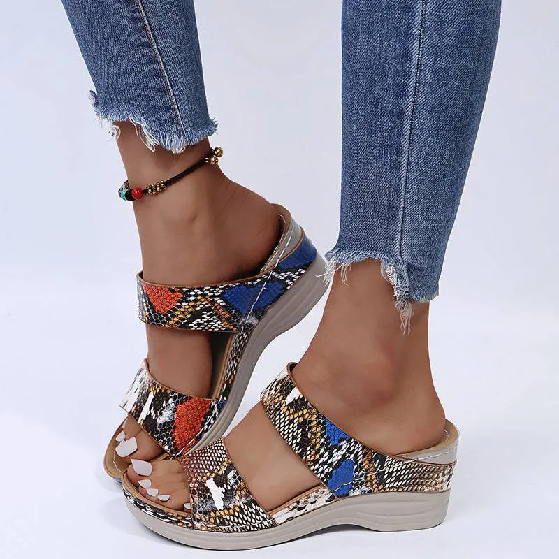 Fanyil Women's Casual Slope Heel Snake Print Slippers