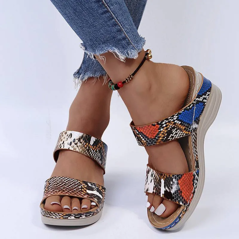 Fanyil Women's Casual Slope Heel Snake Print Slippers
