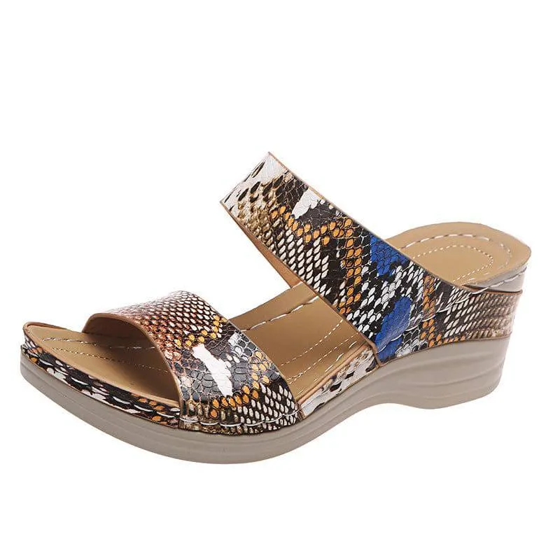 Fanyil Women's Casual Slope Heel Snake Print Slippers
