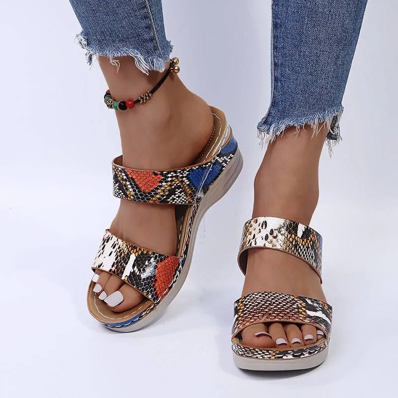 Fanyil Women's Casual Slope Heel Snake Print Slippers