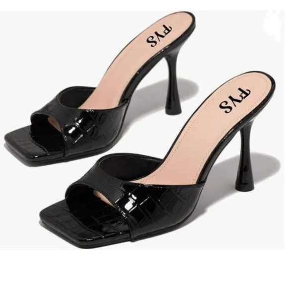 FYS Black Comfy Square Open Toe Mule Stiletto High Heel Sandal Beach Dress Shoes