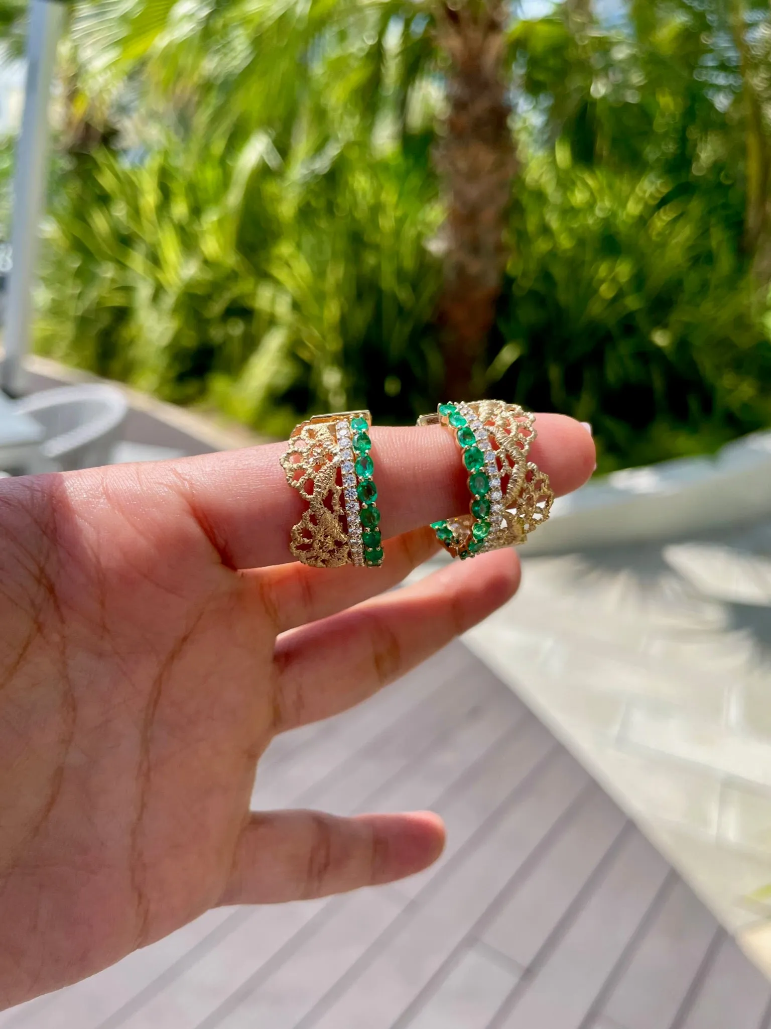 Gold Lace Woven emerald oval and diamond earring