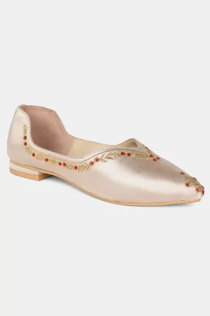 Gold Pointed Toe Embroidered Flat - ZLynn