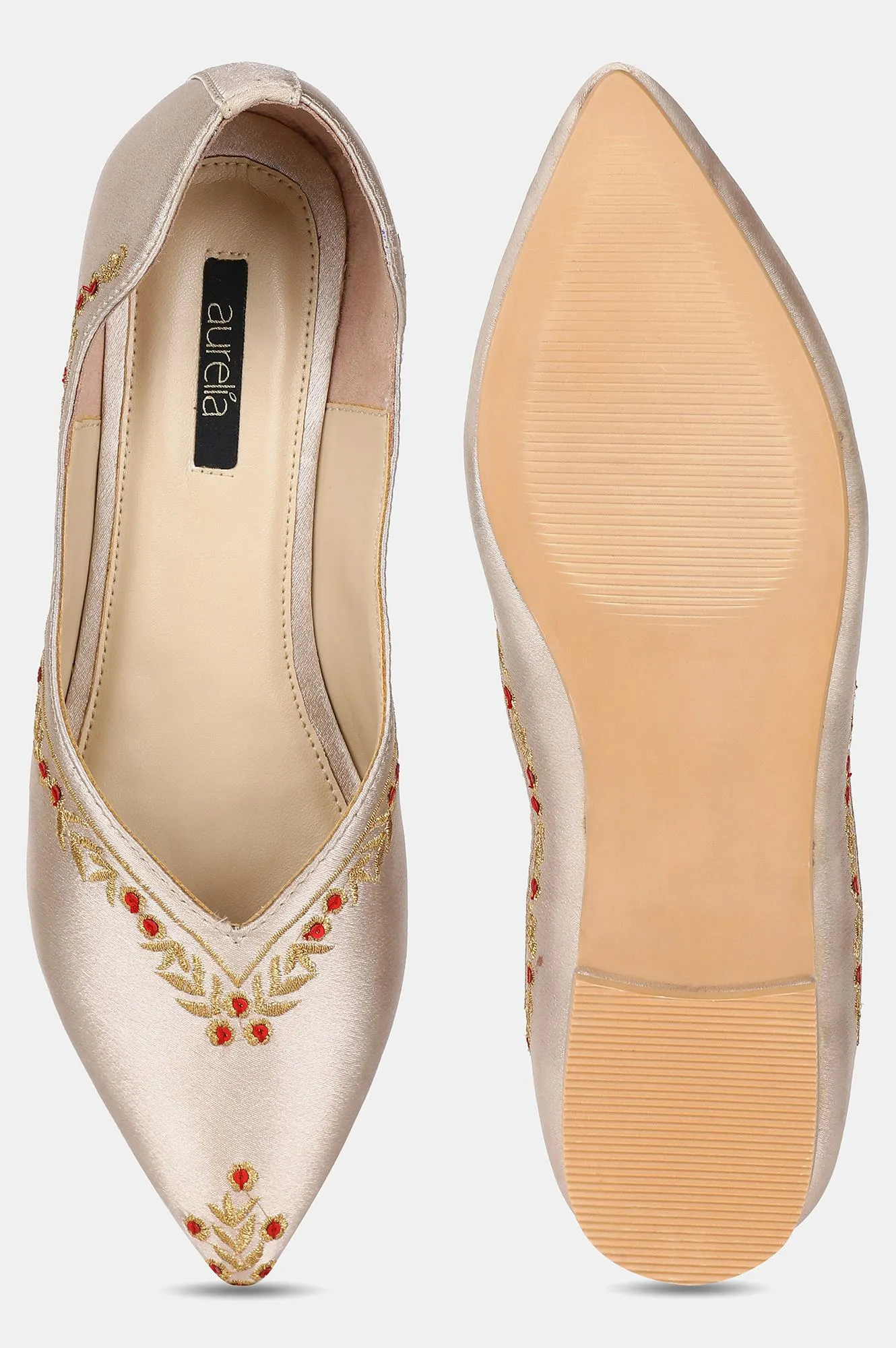 Gold Pointed Toe Embroidered Flat - ZLynn