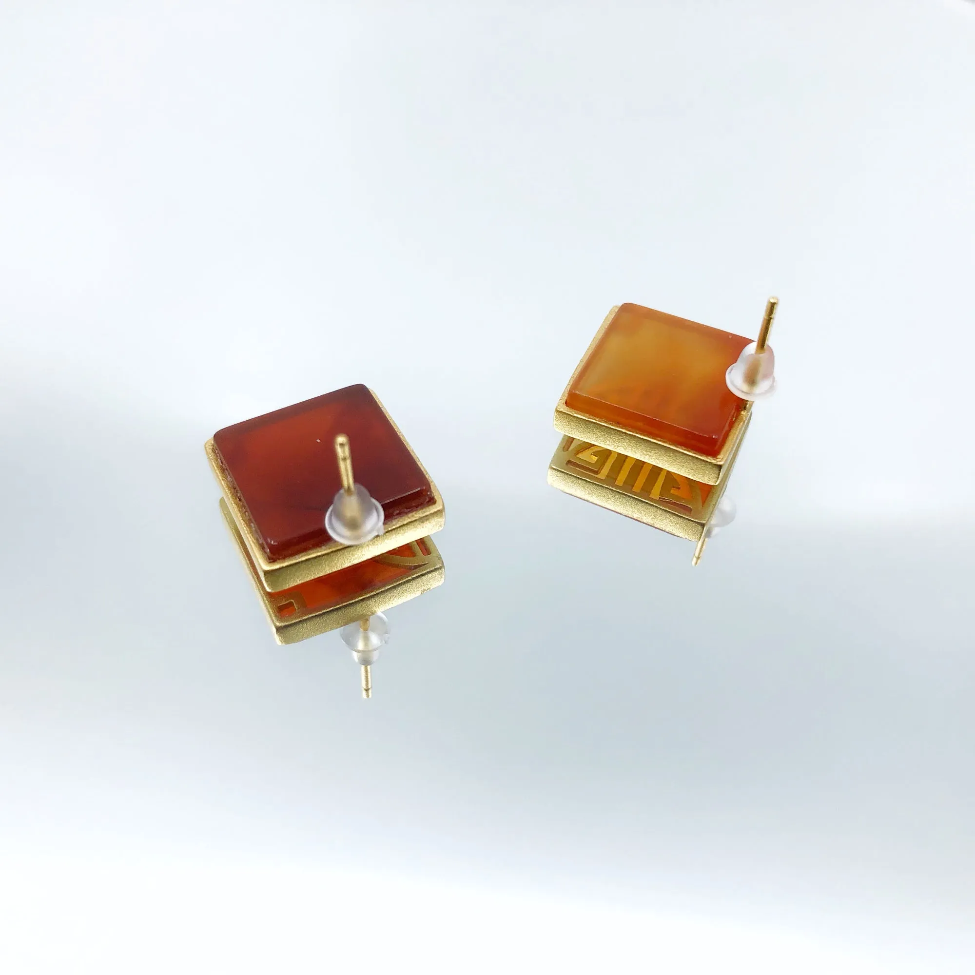 Gold Square Carnelian Studs