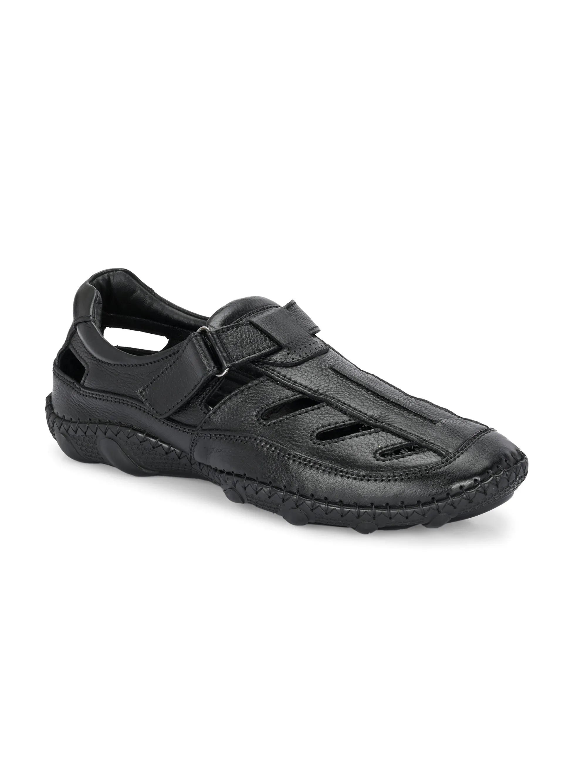 Hitz Men's Black Leather Casual Daily Wear Velcro Sandals
