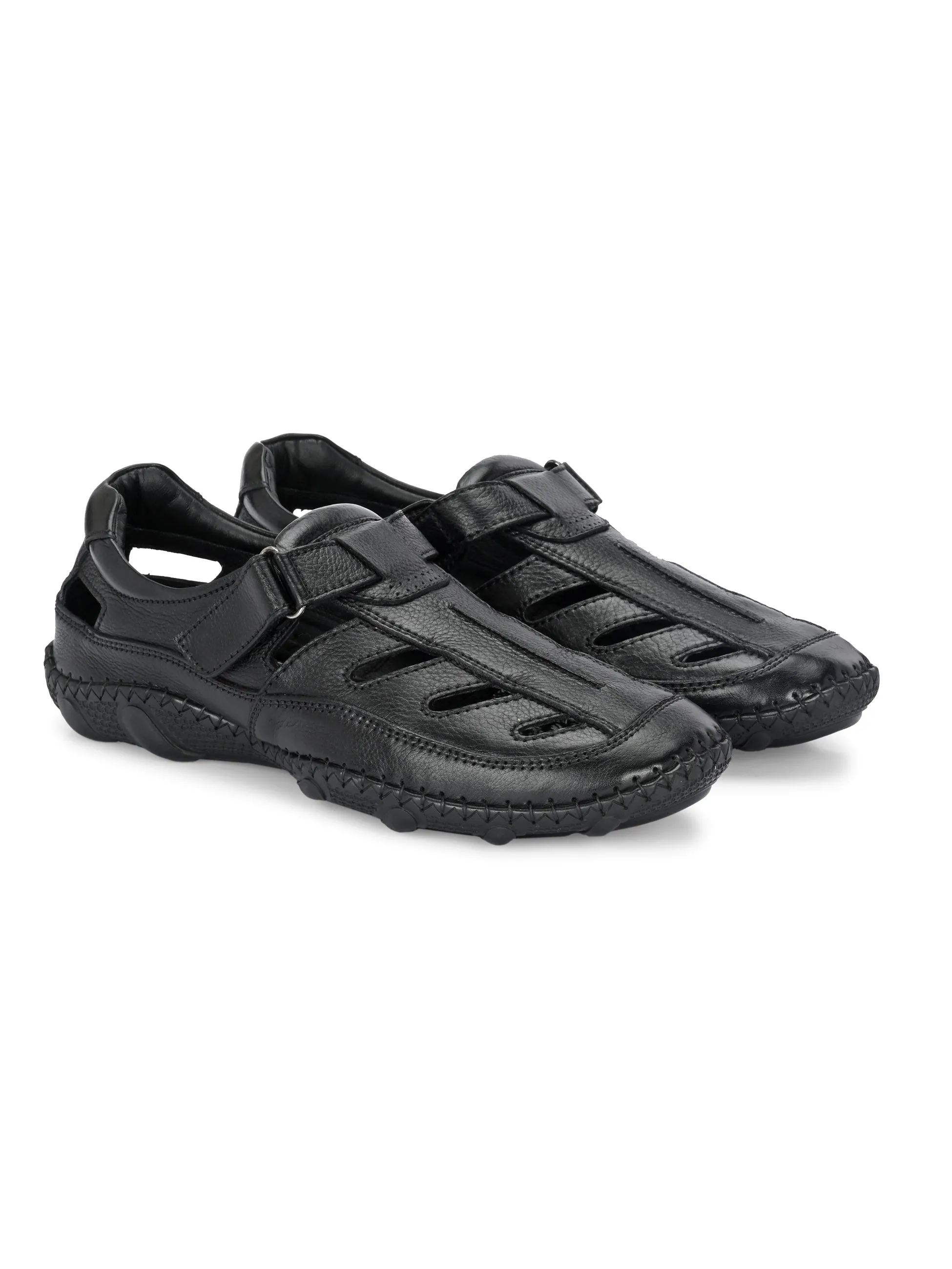 Hitz Men's Black Leather Casual Daily Wear Velcro Sandals