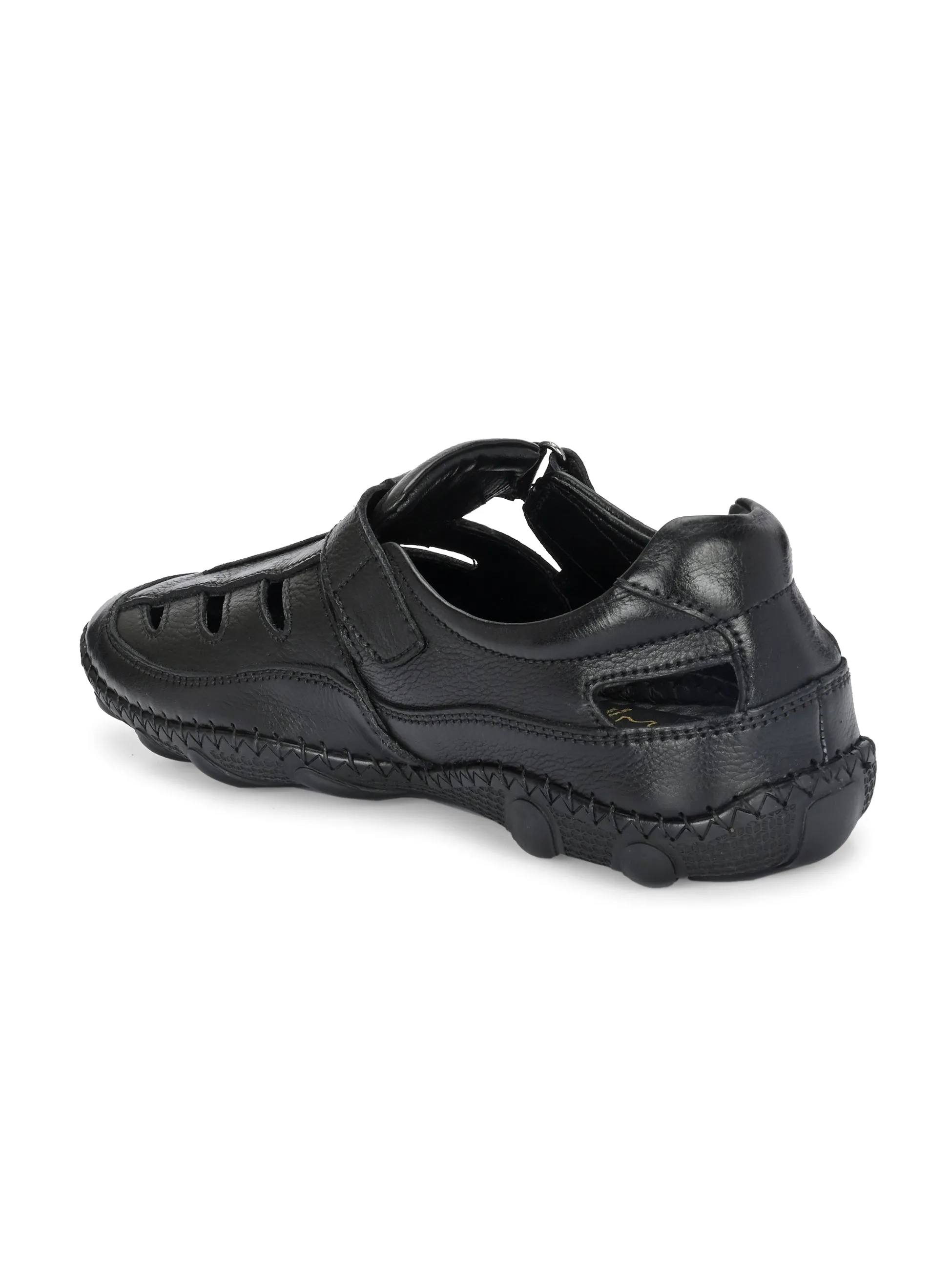Hitz Men's Black Leather Casual Daily Wear Velcro Sandals