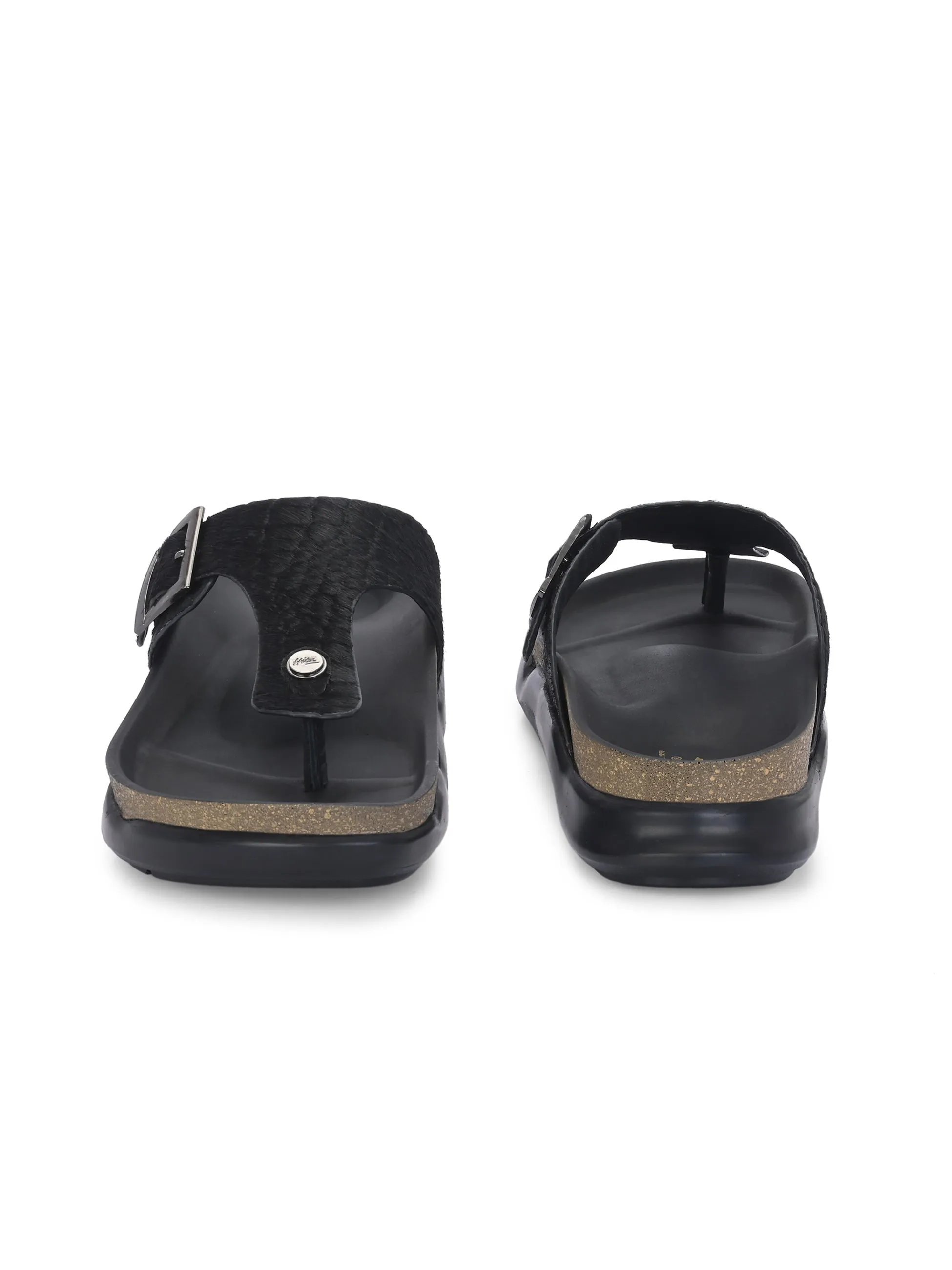 Hitz Men's Black Leather Daily Wear Buckle Slipper