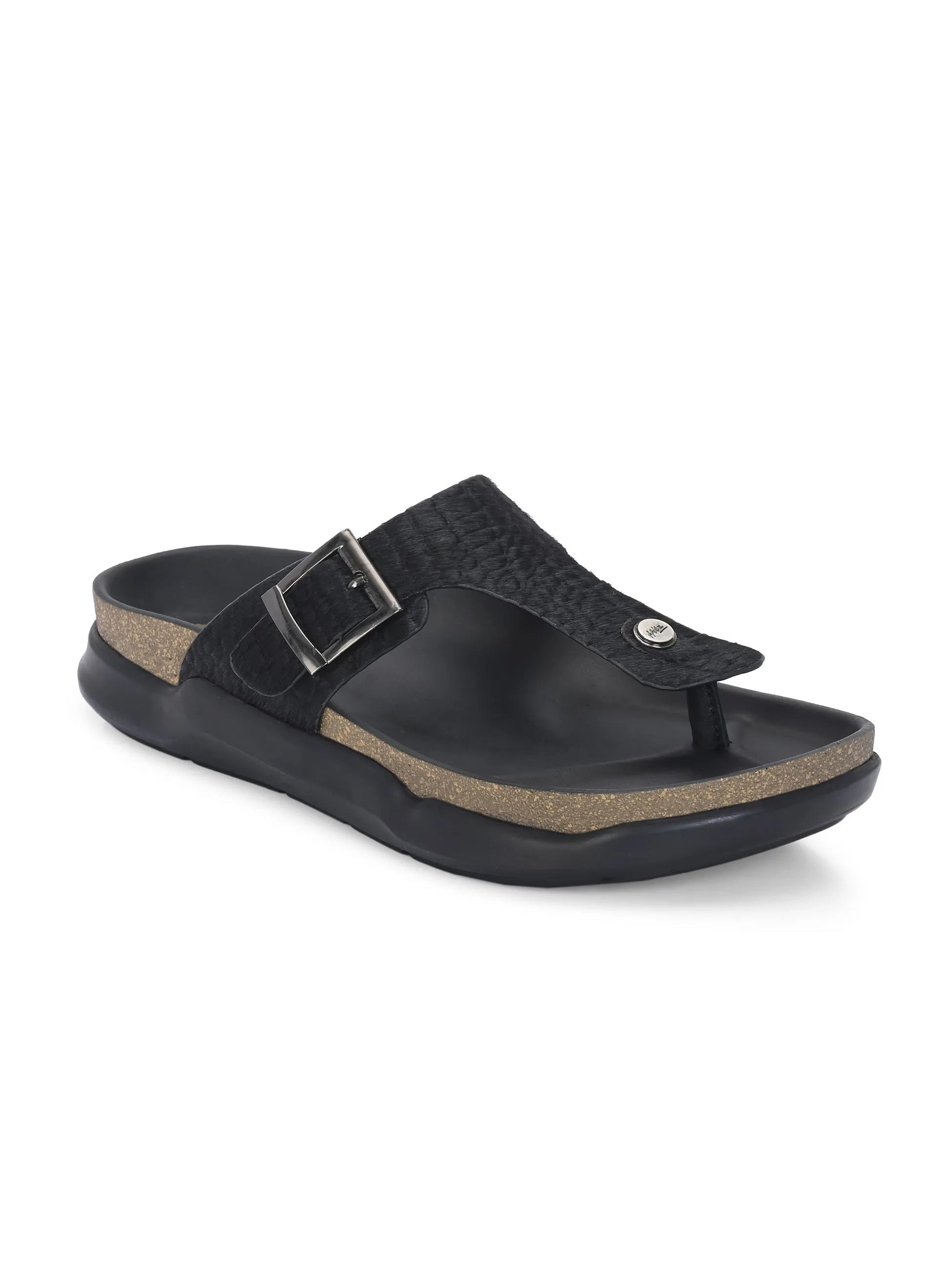 Hitz Men's Black Leather Daily Wear Buckle Slipper